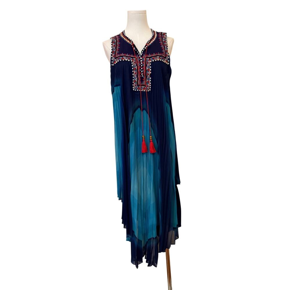 NWOT Talitha Beaded Front Pleated Turquise Navy Dress Thinly Lined - Medium